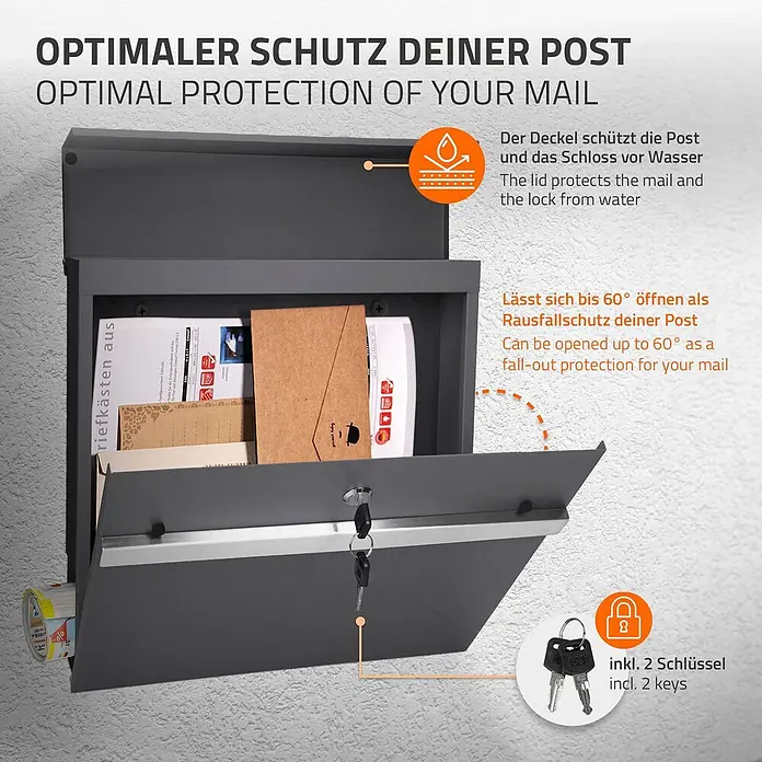 ECD Germany Standbriefkasten Briefkastenanlage mit Ständer Anthrazit 170cm Mailbox mit Pfosten - L x B x H: 23 x 37 x 170 cm, Anthrazit, Edelstahl - Dunkelgrauer Wandbriefkasten mit geöffneter Tür, die Post zeigt. Wasserdichter Deckel, 60°-Öffnung gegen Herausfallen, inkl. 2 Schlüssel.