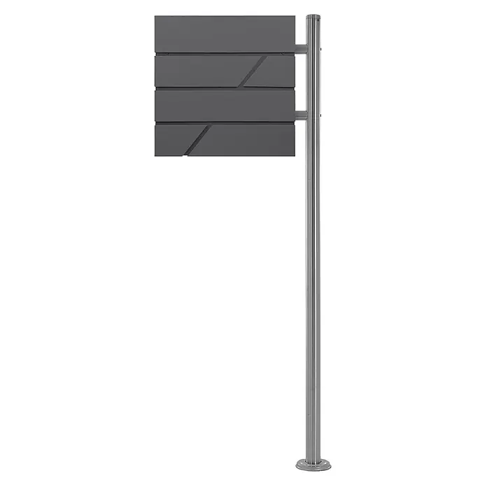 ML-Design Standbriefkasten Briefkastenanlage mit Standfuß Silber 120 cm Mailbox Anthrazit - L x B x H: 17 x 42,5 x 120 cm, Anthrazit, Silber, Edelstahl - Dunkelgrauer, moderner Briefkasten mit Schichtdesign, montiert an einer silbernen Metallstange.