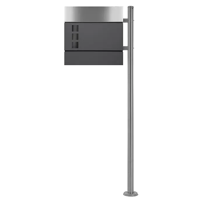ECD Germany Standbriefkasten Briefkastenanlage mit Ständer Silber 120cm Mailbox mit Pfosten - L x B x H: 17 x 42,5 x 120 cm, Anthrazit, Silber, Edelstahl - Dunkelgraues und silbernes Metall-Infosystem auf Stange mit drei rechteckigen Fenstern.