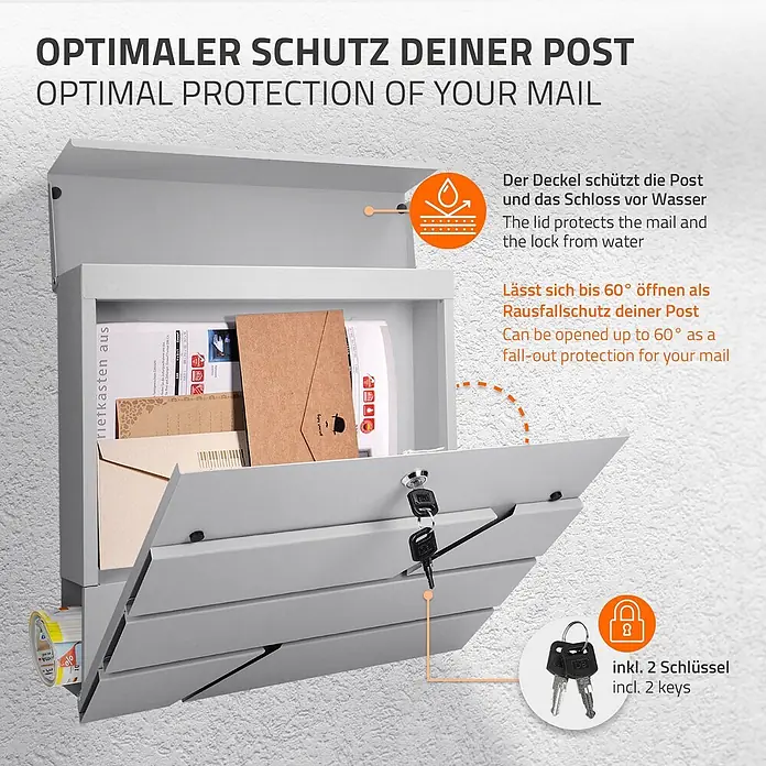 ML-Design Wandbriefkasten Standbriefkasten mit Zeitungsfach inkl. 2 Schlüssel Stahl - L x B x H: 11 x 37 x 37 cm, Hellgrau, Edelstahl, Zeitungsfach - Hellgrauer Metallbriefkasten, offen mit Post und zwei Schlüsseln. Mit wasserdichtem Deckel und 60°-Ausfallschutz für die Post.