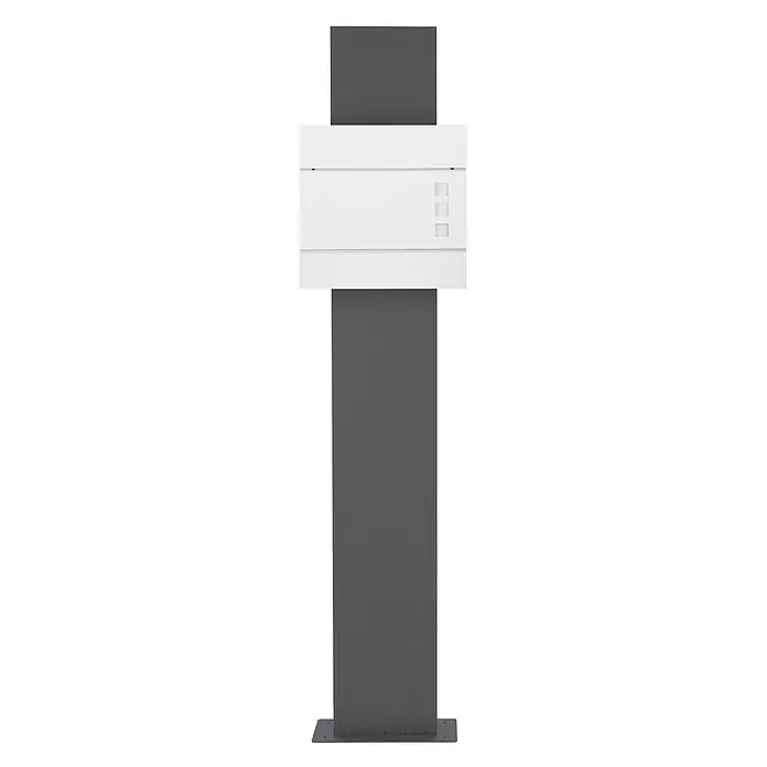 ECD Germany Standbriefkasten Briefkastenanlage mit Ständer Anthrazit 170cm Mailbox mit Pfosten - L x B x H: 23,5 x 37 x 170 cm, Anthrazit, Weiß, Edelstahl - Weißes Briefkastensystem mit Sichtfenstern auf einem hohen dunkelgrauen Stand.