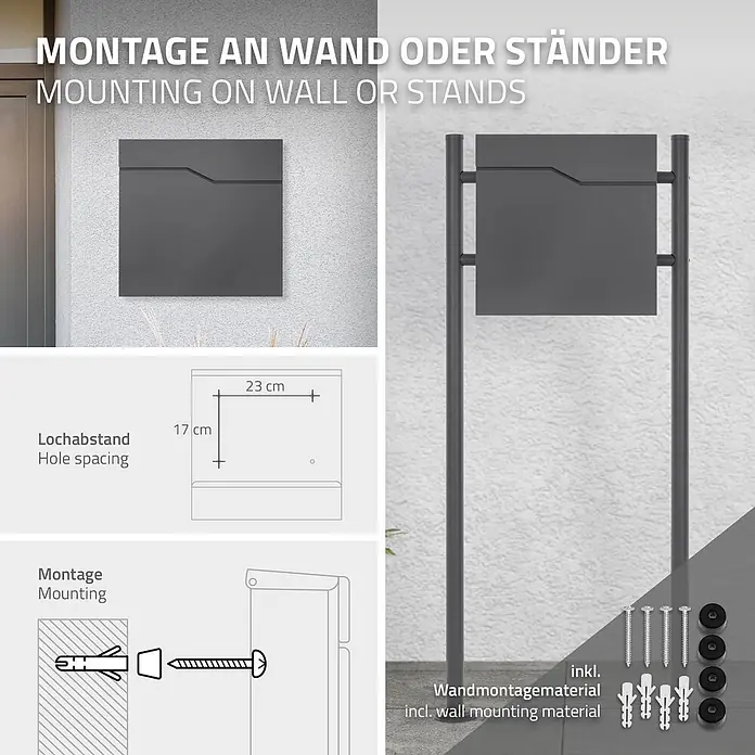 ML-Design Wandbriefkasten Mailbox mit Zeitungsrolle für Wandmontage - L x B x H: 37 x 11 x 37 cm, Anthrazit, Metall, Zeitungsfach - Dunkelgrauer Briefkasten zur Wand- oder Ständermontage, 17x23 cm Lochabstand, inkl. Wandmontagematerial.