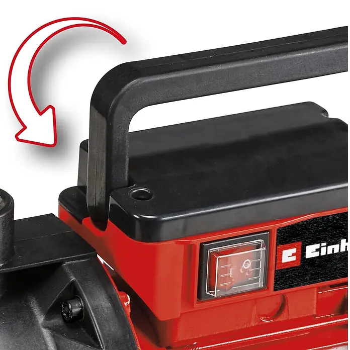 Einhell Gartenpumpe GC-GP 6040 ECO - Leistung: 600 W, Max. Fördermenge: 4.000 l/h - Rot-schwarzes Einhell-Elektrowerkzeug mit klappbarem Griff und transparentem Ein/Aus-Schalter. Ein roter Pfeil zeigt die Griffbewegung.
