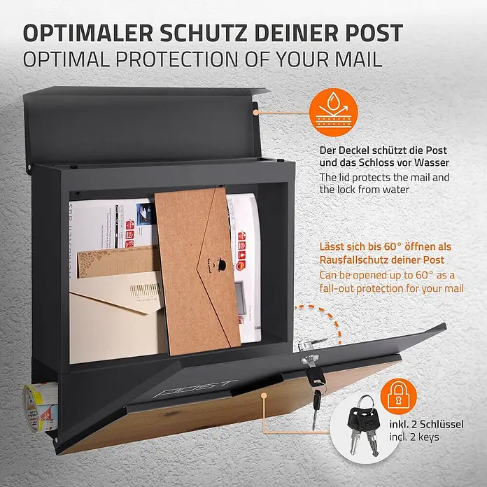 ML-Design Standbriefkasten Briefkastenanlage mit Ständer 120cm Mailbox mit Pfosten Braun/Anthrazit - L x B x H: 18 x 42,5 x 120 cm, Anthrazit, Braun, Silber, Edelstahl - Dunkelgrauer Briefkasten mit Holzakzent, geöffnet mit Post und Schlüsseln. Wasserdichter Deckel, Ausfallschutz.