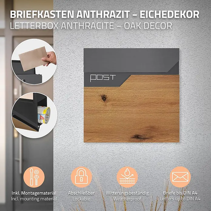 ML-Design Standbriefkasten Briefkastenanlage mit Ständer 120cm Mailbox mit Pfosten Braun/Anthrazit - L x B x H: 18 x 42,5 x 120 cm, Anthrazit, Braun, Silber, Edelstahl - Anthrazitfarbener Briefkasten mit Eichedekor, "POST"-Beschriftung. Inklusive Montagematerial, abschließbar, wetterbeständig, für Briefe bis DIN A4.