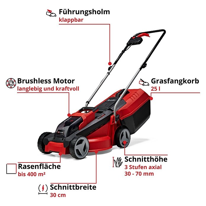 Einhell Power X-Change Cortacésped de batería (18 V, Power X-Change, con iones de litio, Sin batería, Ancho de corte: 30 cm)