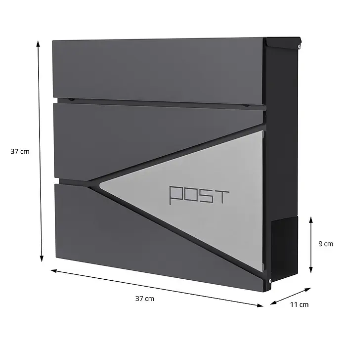 ML-Design Wandbriefkasten Mailbox mit Zeitungsrolle für Wandmontage - L x B x H: 11 x 37 x 37 cm, Anthrazit, Silber, Edelstahl, Zeitungsfach - Moderner, dunkelgrauer Briefkasten mit hellgrauer Dreiecksfront und „POST“-Aufschrift.