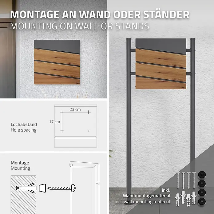 ML-Design Wandbriefkasten Mailbox mit Zeitungsrolle für Wandmontage - L x B x H: 11 x 37 x 36,5 cm, Anthrazit, Braun, Stahl, Zeitungsfach - Briefkasten aus Holzlamellen und Dunkelgrau, zur Wandmontage oder auf Ständer, mit Maßen und Montagematerial.