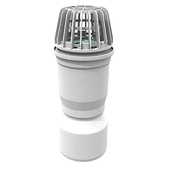 ACO Therm Entwässerungsanschluss - Geeignet für: Lichtschächte, L x B x H: 26,6 x 12 x 12 cm - Nahaufnahme eines weißen Fallrohrsiebes, das dazu dient, das Verstopfen von Rohren durch Blätter und Schmutz zu verhindern.