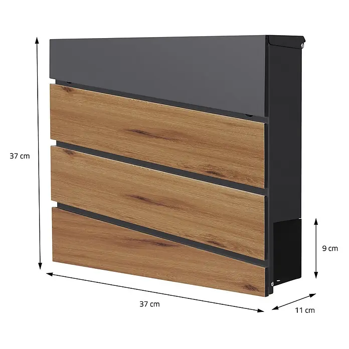 ML-Design Wandbriefkasten Mailbox mit Zeitungsrolle für Wandmontage - L x B x H: 11 x 37 x 36,5 cm, Anthrazit, Braun, Stahl, Zeitungsfach - Moderne Briefkasten mit dunkelgrauem Oberteil und drei schrägen Holzoptik-Paneelen, schwarz gerahmt. Maße: 37x37x11 cm (HxBxT).
