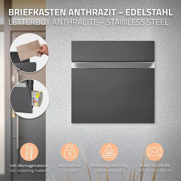 ECD Germany Standbriefkasten Briefkastenanlage mit Ständer Anthrazit 170cm Mailbox mit Pfosten - L x B x H: 23 x 37 x 170 cm, Anthrazit, Edelstahl - Anthrazitfarbener Briefkasten aus Edelstahl an einer Wand, mit Einwurf für Post und Fach für Zeitungen.