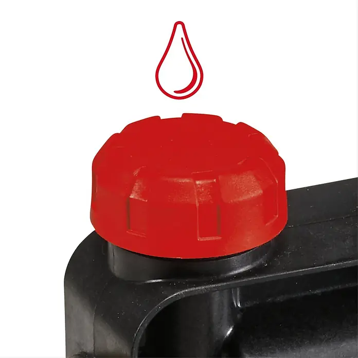 Einhell Gartenpumpe GC-GP 6040 ECO - Leistung: 600 W, Max. Fördermenge: 4.000 l/h - Roter Schraubverschluss auf schwarzem Behälter, mit rotem Öltropfen-Symbol.
