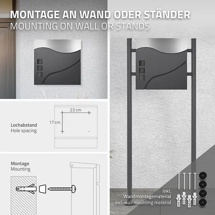 ECD Germany Wandbriefkasten Standbriefkasten mit Zeitungsfach inkl. 2 Schlüssel Stahl - L x B x H: 10,5 x 37 x 36,5 cm, Anthrazit, Silber, Edelstahl, Zeitungsfach - Anthrazitfarbener Briefkasten mit silberner Oberseite, Wand- und Ständermontage gezeigt, inkl. Montagedetails und Maße.