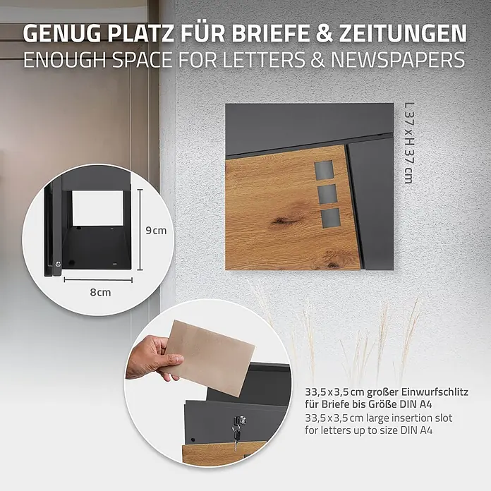 ML-Design Wandbriefkasten Mailbox Wandbriefkasten mit Zeitungsrolle für Wandmontage - L x B x H: 37 x 11 x 37 cm, Anthrazit, Braun, Metall, Zeitungsfach - Wandbriefkasten in Dunkelgrau und Holzoptik, zeigt Maße, Zeitungsfach und großen Einwurfschlitz für DIN A4 Briefe.