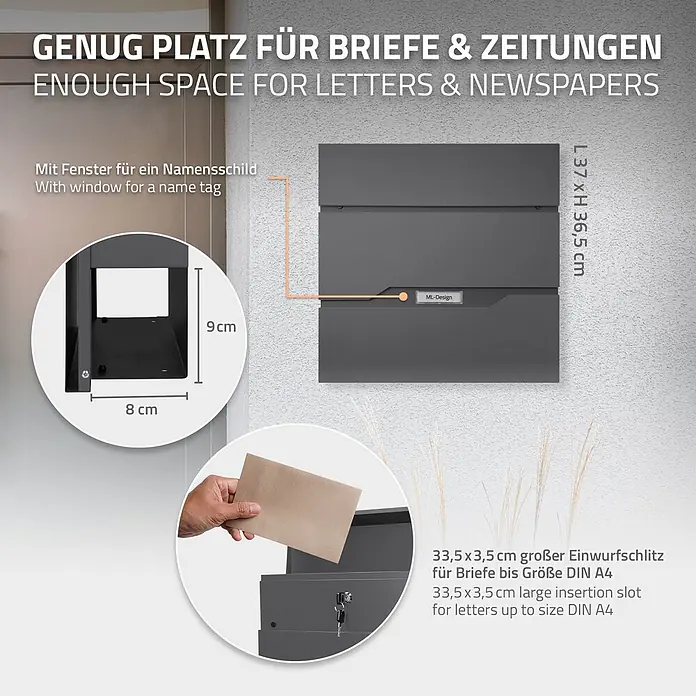 ML-Design Wandbriefkasten Zeitungsfach inkl. 2 Schlüssel Stahl - L x B x H: 11 x 37 x 36,5 cm, Anthrazit, Edelstahl, Zeitungsfach - Dunkelgrauer Briefkasten, 37x36,5 cm, mit 33,5x3,5 cm Einwurfschlitz für DIN A4 Briefe, Namensschild-Fenster und Schlüssel.