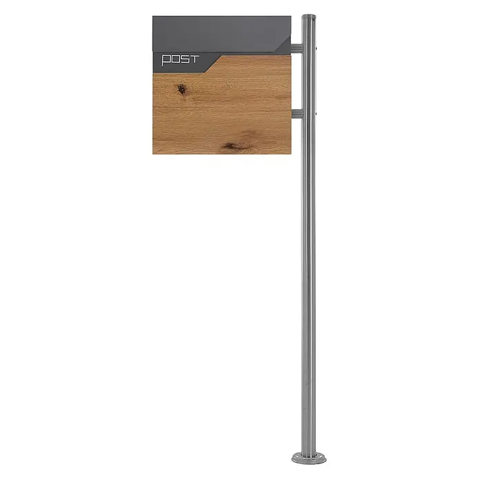 ML-Design Standbriefkasten Briefkastenanlage mit Ständer 120cm Mailbox mit Pfosten Braun/Anthrazit - L x B x H: 18 x 42,5 x 120 cm, Anthrazit, Braun, Silber, Edelstahl - Moderner Briefkasten aus grauem Metall und Holz, auf einem silbernen Pfosten, mit 'POST' Aufschrift.