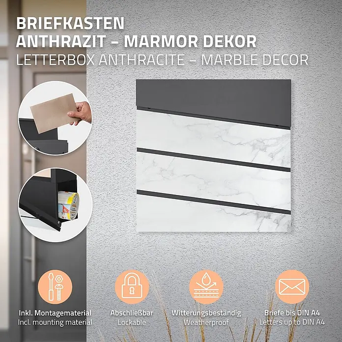 ML-Design Standbriefkasten Briefkasten Postkasten mit Zeitungsfach, inkl. Standfuß - L x B x H: 37 x 26 x 170 cm, Anthrazit, Weiß, Edelstahl, Zeitungsfach - Anthrazitfarbener Briefkasten mit Marmordekor, inklusive Zeitungsfach.
