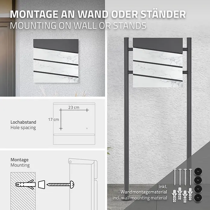 ML-Design Wandbriefkasten Mailbox mit Zeitungsrolle für Wandmontage - L x B x H: 37 x 11 x 36,5 cm, Anthrazit, Hellgrau, Stahl, Zeitungsfach - Moderner, dunkelgrauer Briefkasten mit weißer Marmoroptik, zeigt Wand- oder Ständermontageoptionen und Zubehör.
