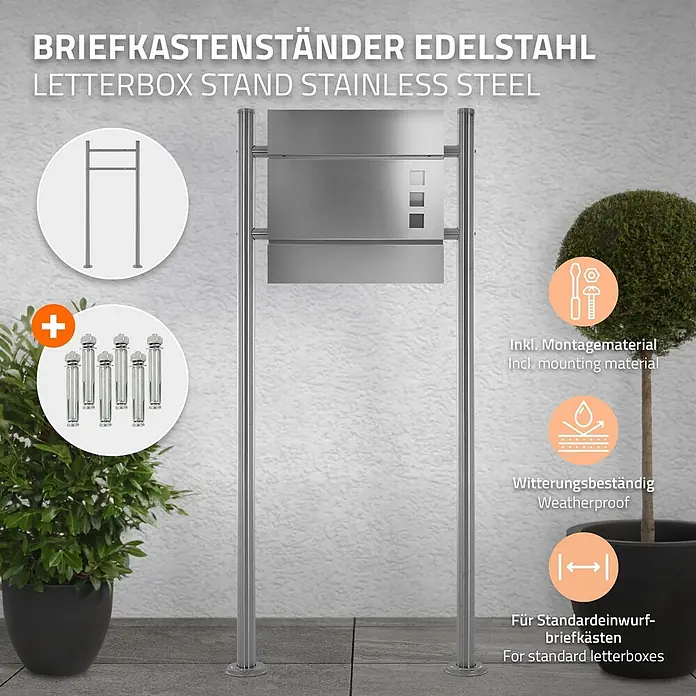 ML-Design Standbriefkasten Silber Höhe 120 cm Freistehend Halterung für Briefkasten - L x B x H: 9 x 55 x 120 cm, Silber, Edelstahl - Briefkastenständer aus Edelstahl, witterungsbeständig, für Standardbriefkästen, inkl. Montagematerial.