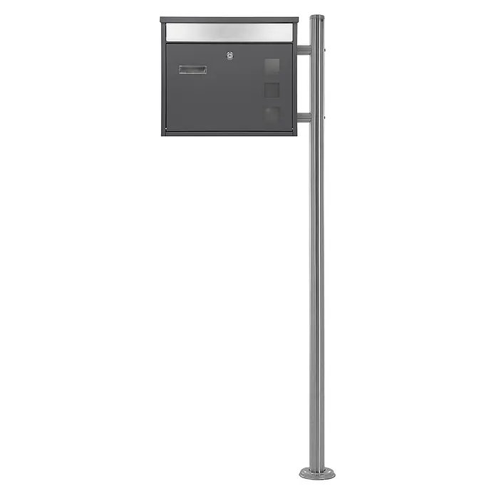 ML-Design Standbriefkasten Briefkastenanlage mit Ständer Silber 120cm Mailbox mit Pfosten - L x B x H: 18 x 42,5 x 120 cm, Anthrazit, Silber, Edelstahl - Dunkelgrauer Briefkasten auf silberner Stange, mit Einwurfschlitz, Schloss und Sichtfenstern.