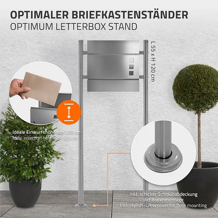 ML-Design Standbriefkasten Silber Höhe 120 cm Freistehend Halterung für Briefkasten - L x B x H: 9 x 55 x 120 cm, Silber, Edelstahl - Edelstahl-Briefkastenständer, L 55 x H 120 cm, mit idealer Einwurfhöhe von 120 cm und eleganter Bodenmontage.
