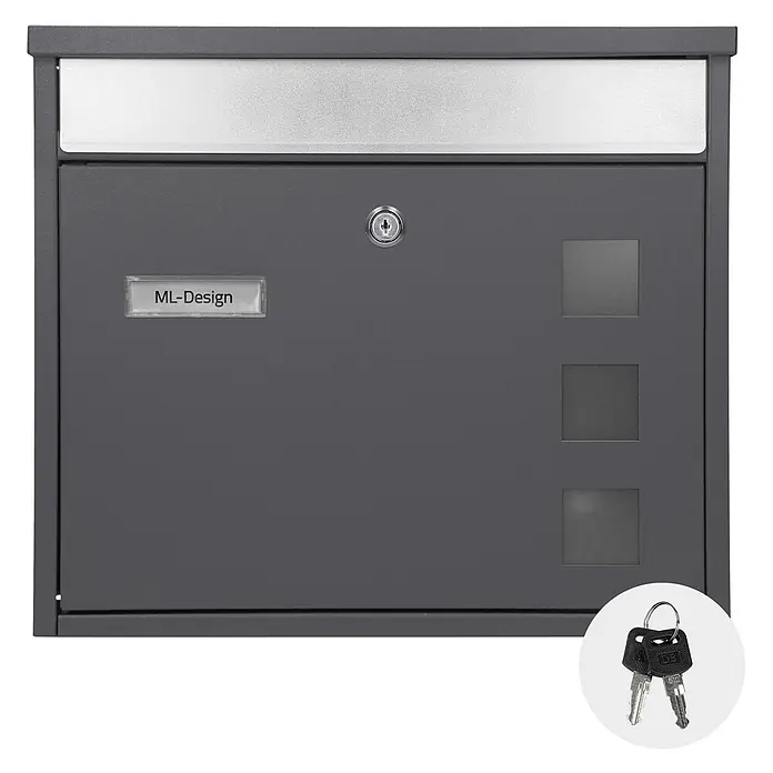 ML-Design Standbriefkasten Briefkastenanlage mit Ständer Silber 120cm Mailbox mit Pfosten - L x B x H: 18 x 42,5 x 120 cm, Anthrazit, Silber, Edelstahl - Anthrazitfarbener Metallbriefkasten mit silberner Einwurfklappe, Namensschild, drei kleinen Fenstern und zwei Schlüsseln.
