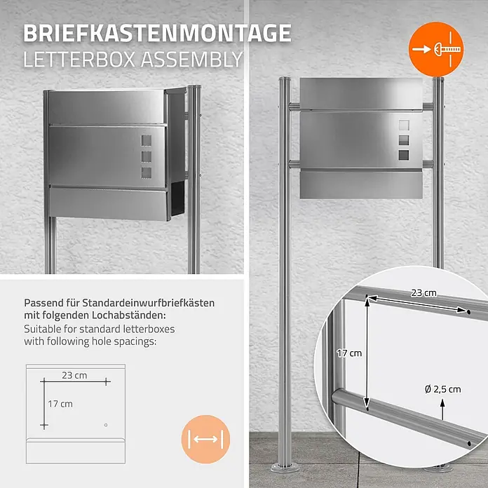 ML-Design Standbriefkasten Silber Höhe 120 cm Freistehend Halterung für Briefkasten - L x B x H: 9 x 55 x 120 cm, Silber, Edelstahl - Edelstahl-Briefkastenständer mit Montagehinweisen und Lochabständen: 23 cm Breite, 17 cm Höhe, 2,5 cm Stangendurchmesser.