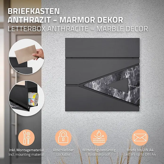 ML-Design Standbriefkasten Briefkastenanlage mit Ständer Silber 120cm Mailbox mit Pfosten - L x B x H: 19 x 42,5 x 120 cm, Anthrazit, Schwarz, Silber, Edelstahl - Anthrazitfarbener Briefkasten mit Marmor-Dekor, integriertem Zeitungsfach und Merkmalen wie abschließbar und wetterfest.