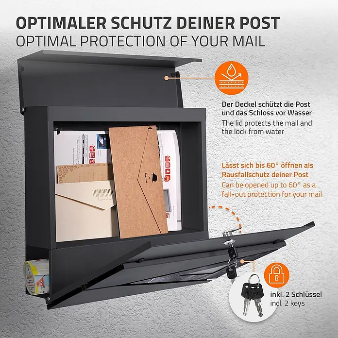 ML-Design Standbriefkasten Briefkastenanlage mit Ständer Silber 120cm Mailbox mit Pfosten - L x B x H: 19 x 42,5 x 120 cm, Anthrazit, Schwarz, Silber, Edelstahl - Dunkelgrauer Briefkasten mit Schutzdeckel und 60° öffnender Vordertür für Ausfallschutz, inkl. 2 Schlüsseln.