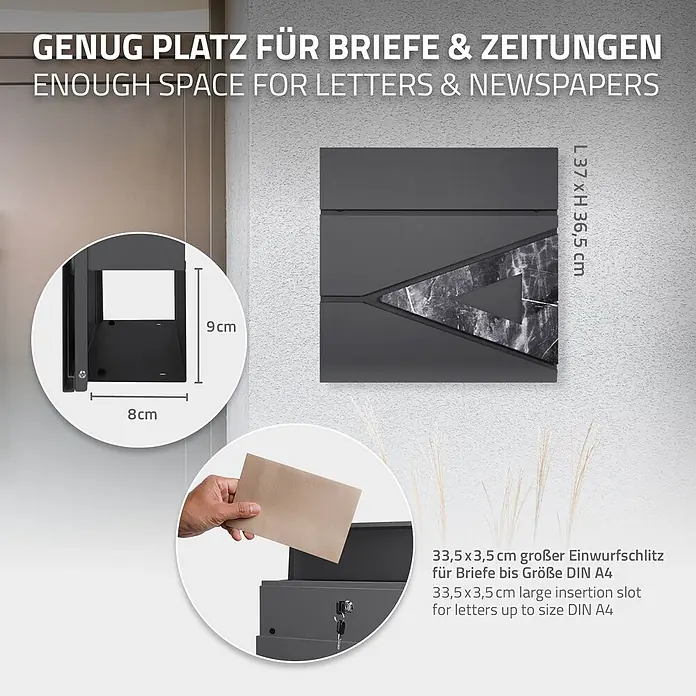 ML-Design Standbriefkasten Briefkastenanlage mit Ständer Silber 120cm Mailbox mit Pfosten - L x B x H: 19 x 42,5 x 120 cm, Anthrazit, Schwarz, Silber, Edelstahl - Dunkelgrauer Briefkasten mit Marmor-Effekt-Design, an der Wand montiert, zeigt Maße und Schlitze für Briefe und Zeitungen.