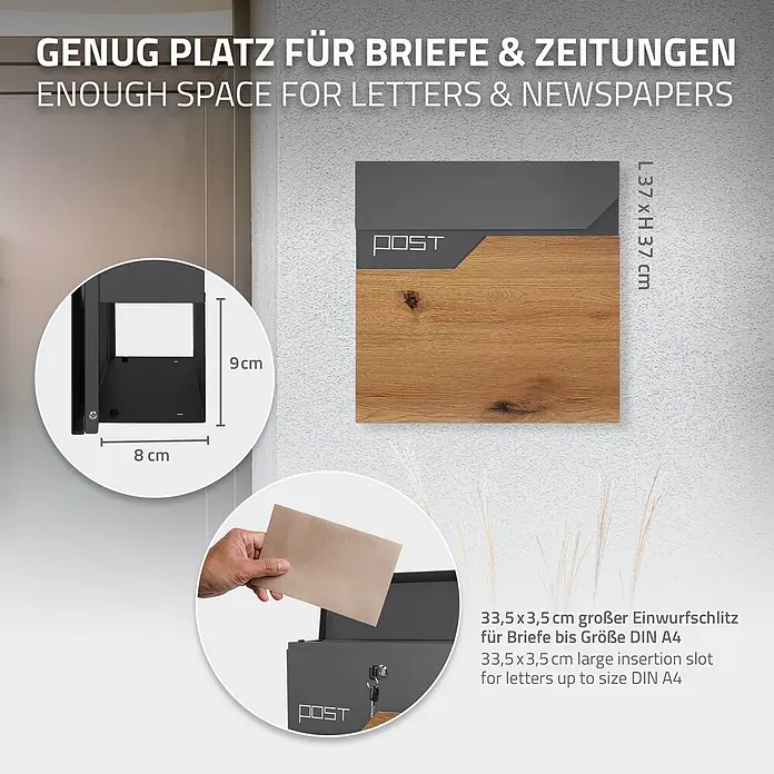 ML-Design Standbriefkasten Briefkastenanlage mit Ständer Anthrazit 170cm Mailbox mit Pfosten - L x B x H: 21,5 x 37 x 170 cm, Anthrazit, Braun, Edelstahl - Dunkelgrauer und holzfarbener Briefkasten (37x37 cm) mit großem Einwurfschlitz (33,5x3,5 cm) für DIN A4-Briefe und Zeitungen.
