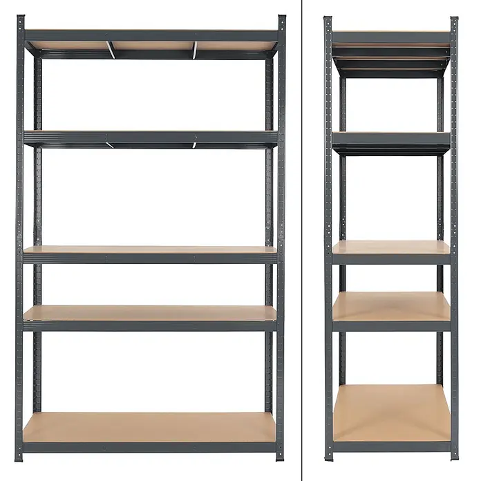 ECD Germany Schwerlastregal Regalsystem bis 875kg Werkstattregal Metall / MDF Anthrazit - Traglast pro Boden: 175 kg, Anzahl Böden: 5 Stk., Stecken, Blau - Graues Metallregal mit 5 Holzablagen für schwere Lasten.