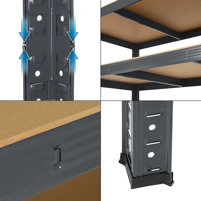 ECD Germany Schwerlastregal Regalsystem bis 875kg Werkstattregal Metall / MDF Anthrazit - Traglast pro Boden: 175 kg, Anzahl Böden: 5 Stk., Stecken, Blau - Detaillierte Aufnahmen eines grauen Metallregals mit braunen Spanplattenböden, die Steckmontage, den stabilen Rahmen und Schutzfüße zeigen.