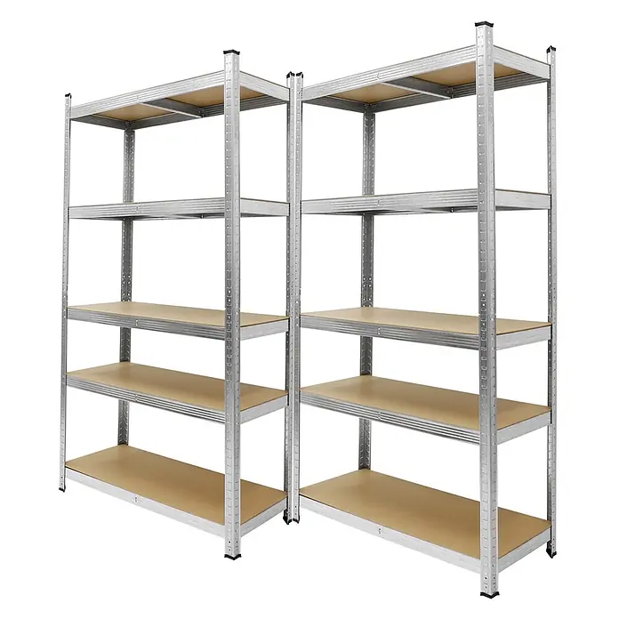 ECD Germany Schwerlastregal Regalsystem bis 875kg Werkstattregal Metall / MDF Silber - H x B x T: 180 x 90 x 40 cm, Traglast pro Boden: 150 kg, Anzahl Böden: 5 Stk., Stecken, Beige, Weiß - Zwei silberne Schwerlastregale aus Metall, jeweils mit fünf braunen Holzablagen.