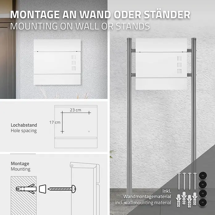 ECD Germany Wandbriefkasten Zeitungsfach inkl. 2 Schlüssel Stahl - L x B x H: 10,5 x 37 x 36,5 cm, Weiß, Stahl, Zeitungsfach - Weißer Briefkasten mit Montageoptionen für Wand oder Ständer. Zeigt Lochabstand (17x23 cm) und inkludiertes Wandmontagematerial.