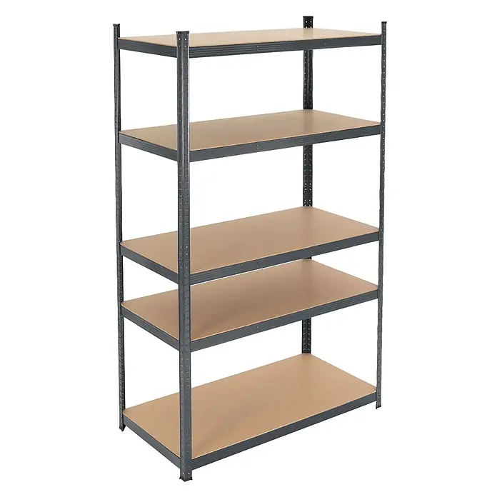 ECD Germany Schwerlastregal Regalsystem bis 875kg Werkstattregal Metall / MDF Anthrazit - Traglast pro Boden: 175 kg, Anzahl Böden: 5 Stk., Stecken, Anthrazit - Ein fünfstöckiges Metallregal mit dunkelgrauem Rahmen und hellbraunen MDF-Böden, konzipiert für vielseitige Lagerung.