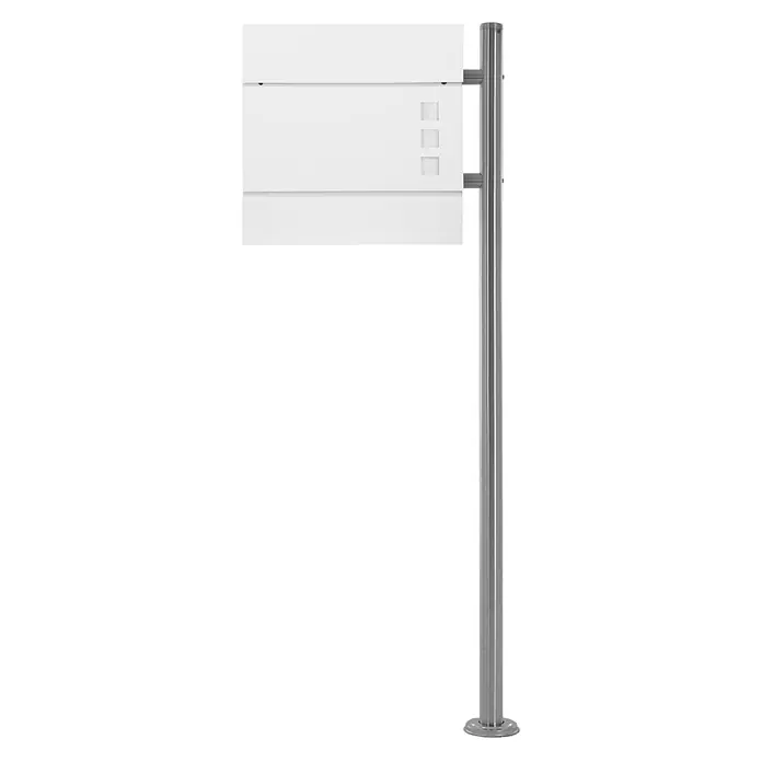 ECD Germany Standbriefkasten Briefkastenanlage mit Ständer Silber 120cm Mailbox mit Pfosten - L x B x H: 16 x 42,5 x 120 cm, Weiß, Edelstahl - Weißes Informationsdisplay mit mehreren Panels und quadratischen Leuchtanzeigen, auf silbernem Metallpfosten montiert.