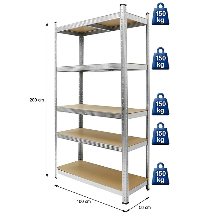 ECD Germany Schwerlastregal Regalsystem bis 875kg Werkstattregal Metall / MDF Silber - Traglast pro Boden: 150 kg, Anzahl Böden: 5 Stk., Stecken, Anthrazit - Verzinktes Metallregal mit 5 Holzböden, 200x100x50 cm, 150 kg Traglast pro Boden.