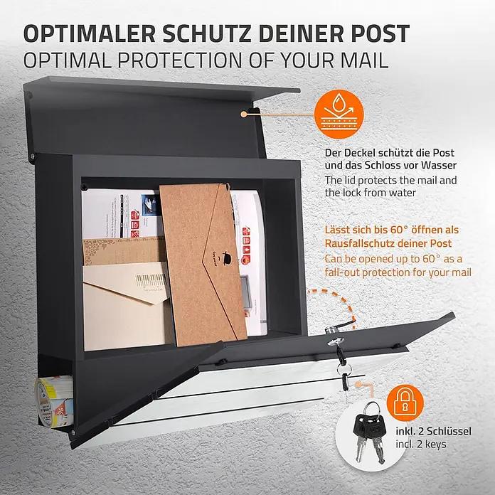 ML-Design Standbriefkasten Briefkasten Postkasten mit Zeitungsfach, inkl. Standfuß - L x B x H: 37 x 26 x 170 cm, Anthrazit, Weiß, Edelstahl, Zeitungsfach - Dunkelgrauer wandmontierter Briefkasten mit geöffneter Front, der Post und Schlüssel zeigt.