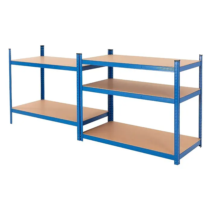 ECD Germany Schwerlastregal Regalsystem bis 875kg Werkstattregal Metall / MDF Blau - Traglast pro Boden: 175 kg, Anzahl Böden: 5 Stk., Stecken, Beige, Schwarz - Modulares blaues Metallregal mit hellbraunen Holzablagen, als zwei verbundene Abschnitte dargestellt.
