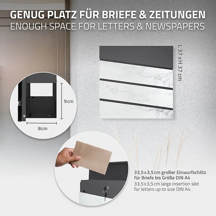 ML-Design Standbriefkasten Briefkasten Postkasten mit Zeitungsfach, inkl. Standfuß - L x B x H: 37 x 26 x 170 cm, Anthrazit, Weiß, Edelstahl, Zeitungsfach - Schwarz-weiß marmorierter Briefkasten zur Wandmontage, L37xH37cm, mit großem Einwurfschlitz; eine Hand steckt einen Brief ein.