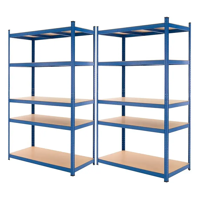 ECD Germany Schwerlastregal Regalsystem bis 875kg Werkstattregal Metall / MDF Blau - Traglast pro Boden: 175 kg, Anzahl Böden: 5 Stk., Stecken, Blau - Zwei Schwerlastregale mit blauen Metallrahmen und fünf braunen Holzregalböden, für organisierte Lagerung.
