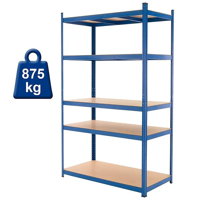 ECD Germany Schwerlastregal Regalsystem bis 875kg Werkstattregal Metall / MDF Blau - Traglast pro Boden: 175 kg, Anzahl Böden: 5 Stk., Stecken, Blau - Blaues 5-Boden Metallregal mit Holzregalböden, 875 kg Kapazität.