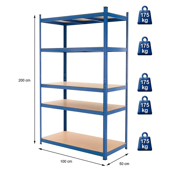ECD Germany Schwerlastregal Regalsystem bis 875kg Werkstattregal Metall / MDF Blau - Traglast pro Boden: 175 kg, Anzahl Böden: 5 Stk., Stecken, Beige, Schwarz - Blaues Metallregal mit 5 Holzablagen. Maße 200x100x50 cm, Tragkraft pro Boden 175 kg.