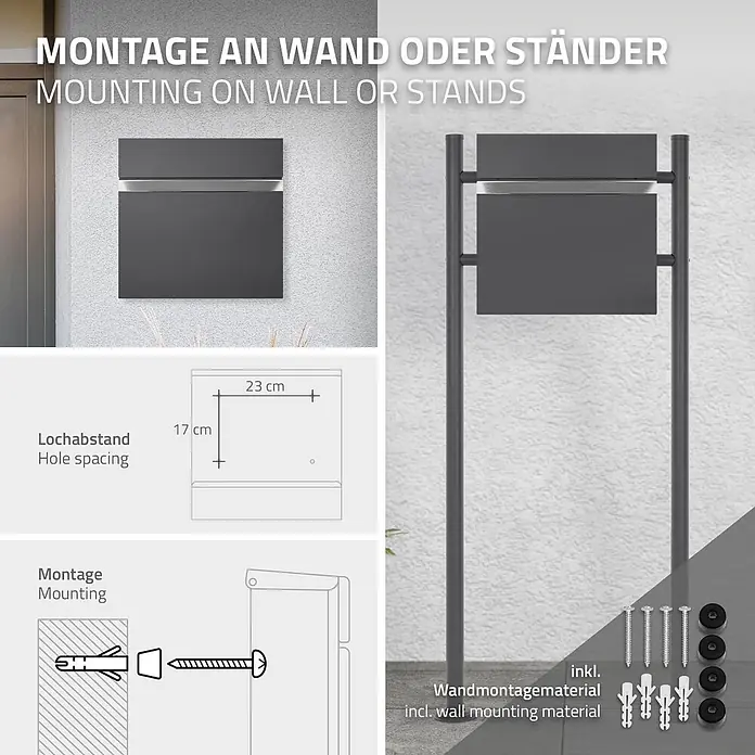 ECD Germany Standbriefkasten Wandbriefkasten Postkasten Design Briefkastenanlage Postbox - L x B x H: 37 x 11 x 36,5 cm, Anthrazit, Stahl, Zeitungsfach - Dunkelgrauer Briefkasten mit Wand- oder Ständermontageoptionen, inkl. Montagematerial und Bohrabstand-Diagramm.