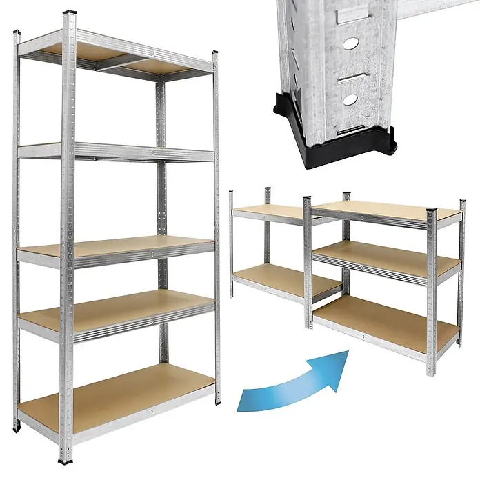 ECD Germany Schwerlastregal Regalsystem bis 875kg Werkstattregal Metall / MDF Blau - H x B x T: 180 x 90 x 40 cm, Traglast pro Boden: 150 kg, Anzahl Böden: 5 Stk., Stecken, Silber - Variables Metallregal mit fünf Holzablagen, umwandelbar in zwei kürzere Einheiten. Inklusive schwarzer Schutzfüße.