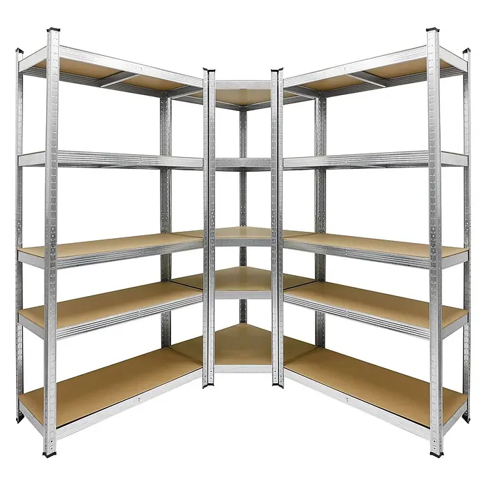 ECD Germany Schwerlastregal Regalsystem bis 875kg Werkstattregal Metall / MDF Blau - H x B x T: 180 x 90 x 40 cm, Traglast pro Boden: 150 kg, Anzahl Böden: 5 Stk., Stecken, Silber - Eckregal aus verzinktem Stahl mit fünf hellbraunen Holzregalböden für vielseitige Lagerung.