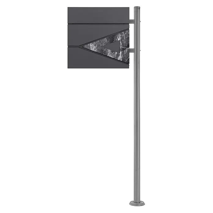 ML-Design Standbriefkasten Briefkastenanlage mit Ständer Silber 120cm Mailbox mit Pfosten - L x B x H: 19 x 42,5 x 120 cm, Anthrazit, Schwarz, Silber, Edelstahl - Dunkelgraues Schild mit dreieckigem Marmormuster, an einem gebürsteten Metallpfosten montiert.