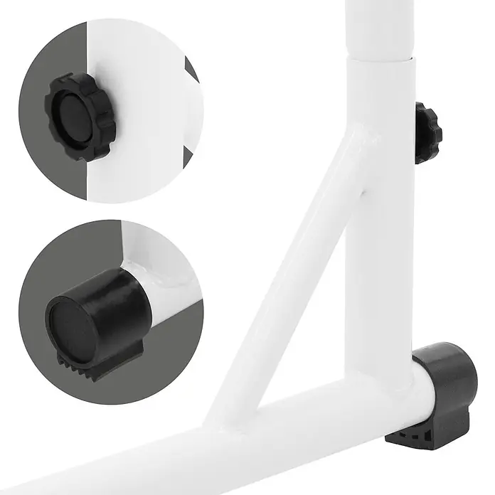 ML-Design Hängesesselgestell Weiß Gestell für Hängestuhl Hängeschaukel Hängesitz, für Innen & Außen - Metall, Weiß - Detailansicht eines weißen Metallgestells mit schwarzen Stellschrauben und schützenden Anti-Rutsch-Kappen an den Füßen.