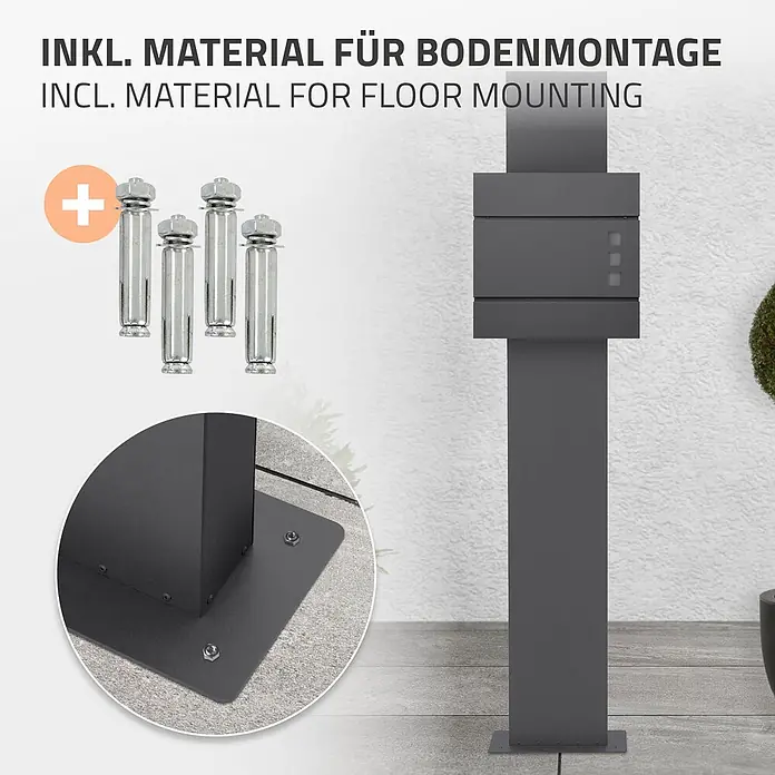 ML-Design Standbriefkasten Anthrazit Höhe 170 cm Freistehend Halterung für Briefkasten - L x B x H: 35 x 18 x 170 cm, Anthrazit, Metall - Dunkelgrauer Metallpfosten mit inkludiertem Bodenmontagematerial: vier silberne Ankerbolzen und eine Grundplatte.